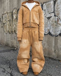 Ensemble de survêtement premium pour hommes, délavé à l'acide, 100% coton, avec sweat à capuche zippé effet vieilli et pantalon de survêtement oversize, style urbain - Product Image 1