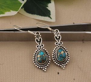 Boucles d'oreilles pendantes vintage en argent sterling avec turquoise bleue naturelle, pierre véritable, bijoux de luxe pour mariage et fête - Product Image 1