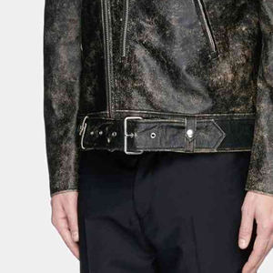 Blouson de motard en cuir véritable pour homme, noir délavé et vieilli, avec fermeture éclair et ceinture à la taille - Product Image 4