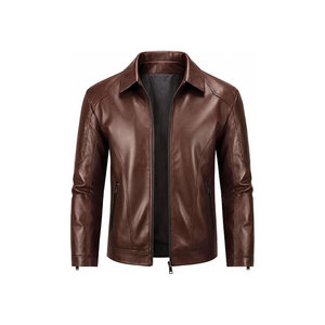 Veste en cuir PU bleu marine pour homme avec fermeture éclair, col rabattable, coupe ajustée, style automne - Product Image 2