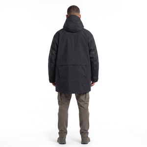Chaqueta Técnica Impermeable para Hombre, Diseño Personalizado OEM, 3L, Estilo Asimétrico, Tipo Gabardina 3/4, Color Negro Mate, Resistente al Viento - Product Image 2
