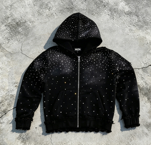 Customized Men's Crystal Star Pattern Starry Sky Hoodie, Acid washed Rhinestone Distress Hoodie Thick Hooded Coat - Product Image 6