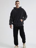 Sweater Hoodie Pria Regular Fit 100% Katun Fleece Pewarna Benang Bernapas Warna Hitam Solid Kasual Musim Dingin 300g Desain Saku