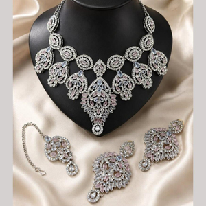 JeweleMarket Women's Silver Plated Crystal Rhinestone <b>Indian</b> Traditional Bridal Jewelry <b>Set</b> <b>Necklace</b> Maang Tikka Wedding - Product Image 4