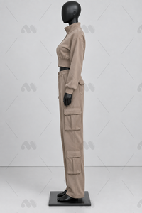 Conjunto Deportivo Casual de Otoño para Mujer, Pantalones Cargo con Cierre Completo y Cuello Alto, 100% Algodón, Transpirable, Corte Holgado, Ligero, con Bolsillos Laterales - Product Image 4