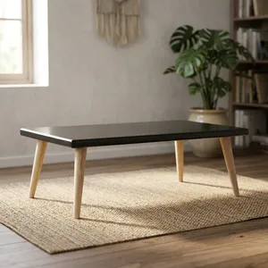 Mesa de Centro Moderna Rectangular con Tapa de Mármol Negro y Patas de Madera Natural para Sala de Estar - Product Image 2