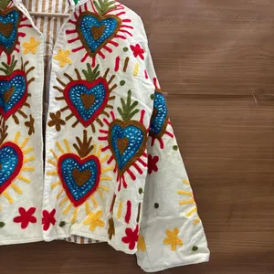 Premium Ivory <b>Velvet</b> Floral Embroidered Suzani <b>Jacket</b> with Heart Print Full Sleeve Stand Collar Handmade Bohemian Autumn Coat - Product Image 5