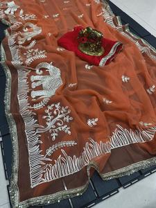 Sari Moderno de Chinon Suave con Hermoso Trabajo de Cintas para Fiesta de Diwali o Baile de Graduación - Product Image 5