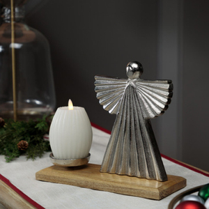 Heavenly Angel Metal Christmas Votive Candle Holder 10 Inch Height <b>Silver</b> With Mango Wood Base - Product Image 2