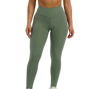 Leggings Color Verde Salvia con Bolsillo, Cintura Alta, Largo Completo, Tejido de Punto, Spandex, Poliéster, Transpirables, de Secado Rápido, Ropa Deportiva para Mujer - Product Image 3