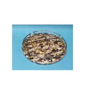 Bandeja de servir redonda de nácar con borde de acero inoxidable y diseño de asa, la bandeja de almacenamiento con incrustaciones de nácar más vendida. - Product Image 1