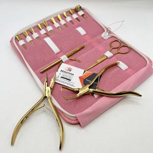 Kit d'outils pour extensions de cheveux en acier inoxydable doré au plasma, avec micro-perles, pince de pose et de retrait, étui rose et LOGO - Product Image 2