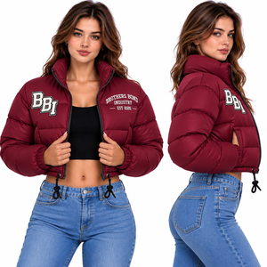 teal green cropped puffer jacket women stand collar <b>bubble</b> <b>coat</b> custom quilted down crop <b>coat</b> warm streetwear jacket OEM - Product Image 4