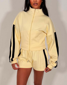 Women's Cotton/Poly Blank Full <b>Zip</b> Sweatshirt & Short Lounge Set OEM Design Pattern 320 Fleece Streetwear Jogging Tracksuit - Product Image 5