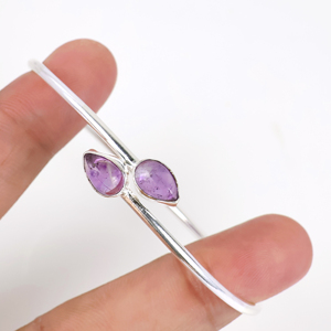 Wholesale 925 Sterling Silver Natural Amethyst Gemstone Teardrop Cuff Bangle Boho Minimalist Two <b>Stone</b> <b>Bracelet</b> Fashion Jewelry - Product Image 6