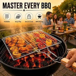 Mild Steel Portable Barbecue <b>BBQ</b> Grill Net Basket Roast Grilling <b>Tray</b> Plated with Wooden Handle for Barbecue, Roasting, Camping - Product Image 6