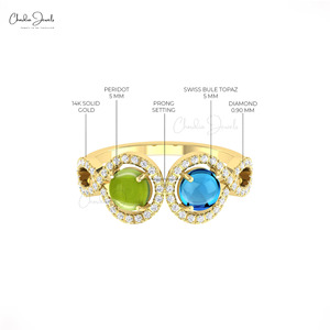 Anillo de Doble Halo con Peridoto y Topacio Azul Suizo de 5mm en Oro Fino de 14k, Anillo de Aniversario de Bodas con Diamantes, en Tendencia - Product Image 4