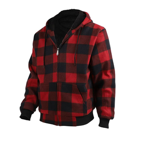 Sweat-shirt à capuche zippé à carreaux rouges et noirs, coupe classique, vêtement d'hiver décontracté, tissu en flanelle 100% coton - Product Image 4