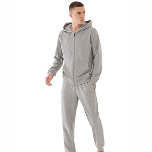 Men's Gray Full-<b>Zip</b> <b>Hooded</b> Tracksuit Set Cotton Casual Jogging Suit with Side Pockets Autumn Wear Regular Fit Solid Color - Product Image 1