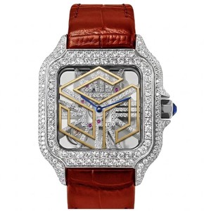 Montre-bracelet analogique de luxe carrée, avec lunette entièrement sertie de diamants, cadran squelette, aiguilles bleues, bracelet en cuir rouge, style mécanique - Product Image 1