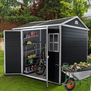 Casetta da Giardino in Resina 8x4ft con Porta Lucchettabile e 2 Finestre, Ripostiglio Esterno in Plastica per Attrezzi, Pavimento in Resina per Stoccaggio - Product Image 4