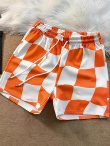 Shorts de sport décontractés pour hommes, à carreaux orange et blanc, séchage rapide, avec cordon de serrage, taille mi-haute, en tissu satiné - Product Image 6