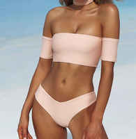 Pabrik Pakaian Renang Kustom Set Bikini Lengan Pendek Off Shoulder Warna Putih Solid Dua Potong Baju Renang OEM Label Pribadi Pakaian Renang Pantai