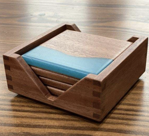 Handmade Wooden Coaster Set With Blue Resin Inlay Square Shape Home Decoration - Product Image 4