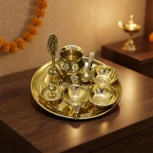 Ensemble traditionnel de thali en laiton pour la puja avec cloche, bols Bhog et cuillères décoratives pour les festivals du temple à domicile et le culte quotidien - Product Image 5
