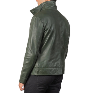 <b>Men</b>’s Dark Olive Green Genuine Leather <b>Field</b> <b>Jacket</b> Stand Collar Multi Pocket Full Zip Premium Casual Outerwear - Product Image 2