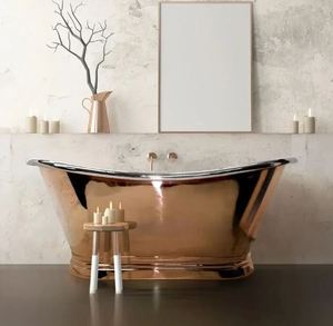 Baignoire autoportante ovale en cuivre brun avec siège et tablier, installation pour salle de bain - Product Image 5