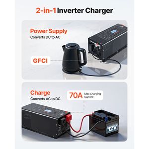 Inverter a Onda Pura 2000W con Caricabatterie, Display LCD, Telecomando, da DC 12V a AC 120V, Frequenza di Uscita 60Hz, Ingresso 240V, Basso GFCI - Product Image 3