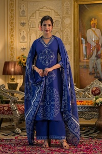Ensemble Salwar en coton bleu imprimé Bandhani avec dupatta, tenue ethnique traditionnelle pour femmes, Inde, Pakistan, coupe décontractée, Diwali - Product Image 2
