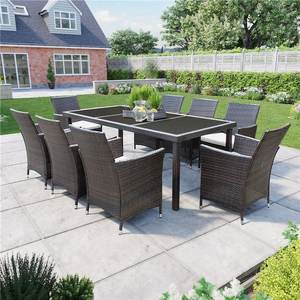 Modern 10 Seater <b>Rattan</b> Dining Table <b>Chairs</b> Set with Tempered Glass Top Waterproof & Foldable <b>for</b> Hotel Courtyard <b>Garden</b> Use - Product Image 2