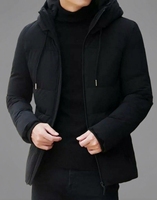 Blouson matelassé noir à capuche pour homme, fermeture éclair, coupe-vent, décontracté, hiver, rembourrage polyester, coupe régulière, poche avant, séchage rapide