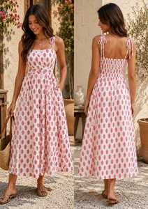 Robe d'été décontractée pour femme, en coton, imprimée à la main, longueur genou, évasée, douce et naturelle |   Bretelles à nouer sans manches |   OEM/ODM | - Product Image 2