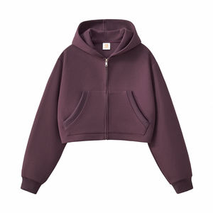 Wholesale <b>Cropped</b> <b>Zip</b> <b>Up</b> Hoodie Women's Fleece Drop Shoulder Full <b>Zip</b> Split Kangaroo Pocket Short Length Casual Streetwear - Product Image 1