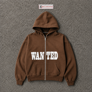 Sudadera con capucha marrón oversize con cremallera completa para hombre, estilo streetwear, con estampado gráfico 'Wanted', hombros caídos, corte casual y a la moda. - Product Image 5