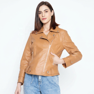 Trendy Womens Beige Real <b>Genuine</b> <b>Leather</b> <b>Jacket</b> Spread Collar Fashion Casual Female <b>Leather</b> Outerwear - Product Image 1