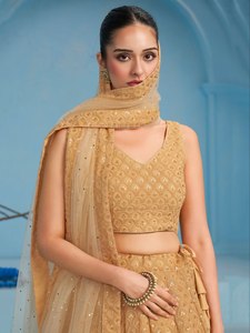 Embroidered Bridal Lehenga Set for Women Short <b>Top</b> Georgette Gold <b>Net</b> Dupatta Wedding Party Outfit Modern Ethnic Dress - Product Image 4