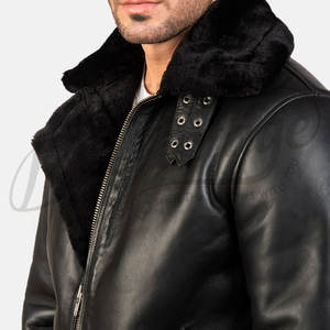 Chaqueta de Cuero Genuino Negra para Hombre, Forrada con Piel de Oveja, Estilo Aviador, para Invierno, con Cuello de Piel - Product Image 3