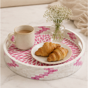 Plateau décoratif rond en nacre de qualité supérieure, motif floral en mosaïque rose, plateau de service pour table basse, vente en gros - Product Image 4