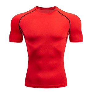 T-shirt de compression rouge à manches courtes pour homme en polyester 100 % de haute qualité, séchage rapide, haut de sport en polyester, logo personnalisé, respirant, OEM - Product Image 1