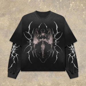 เสื้อยืดแขนยาวสองชั้นพิมพ์ลายสไตล์สตรีทแวร์ลำลองแบบดิสเทรส ไซส์พลัส สำหรับผู้ชาย รุ่น Y2K - Product Image 2