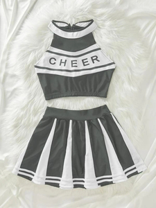Cheerleading Uniform Set 3-Piece <b>Crop</b> <b>Top</b> And Skirt With Cheer Print For Adults In Black <b>Red</b> Green Colors - Product Image 2