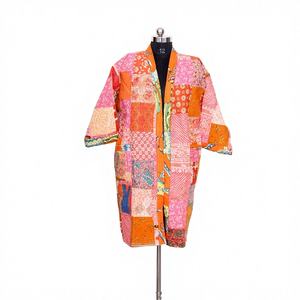 Kimono hecho a mano, ecológico, multicolor, de algodón y seda Kantha, de doble capa, con patchwork, para mujer, con bolsillos, estilo casual elegante, natural. - Product Image 1