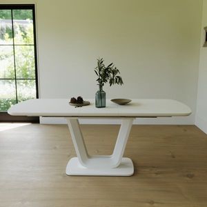 Mesa de comedor extensible de estilo industrial moderno, mesa de cocina de MDF blanca de 47,24-62,99 \ "con patas en forma de U para uso en el hogar y la Oficina - Product Image 1