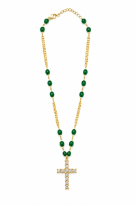 Collar Personalizado Chapado en Rodio con Colgante de Cruz con Circonitas, Cadena de Rosario con Cuentas de Ágata Verde Esmeralda, Joyería Fina, Regalo Religioso para Mujer - Product Image 3