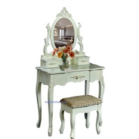 Mesa de tocador antigua francesa con exquisito espejo de madera hecho a mano como la realeza para uso en apartamentos y hoteles, función de almacenamiento de pie