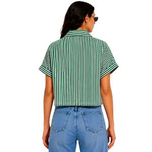Camisa corta a rayas verde y blanca personalizada para mujer, logotipo bordado personalizado, blusa informal de verano con botones y manga corta, OEM - Product Image 2
